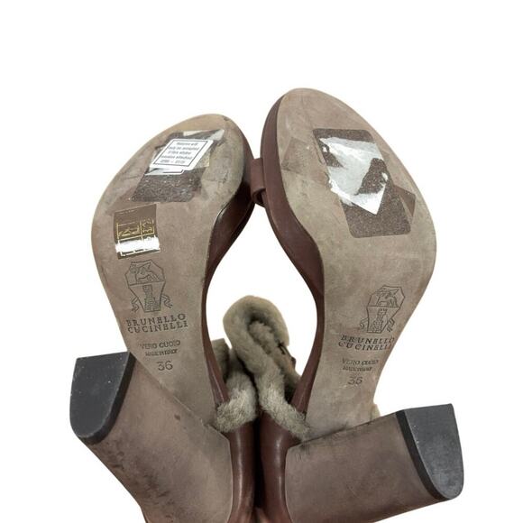 B45 BRUNELLO CUCINELLI Leather Fur Trim Heels Block Sandals EU 36 US 6 - Picture 7 of 12